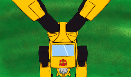blue_eyes green_background handstand looking_at_viewer machine male simple_background solo blappus hasbro takara_tomy transformers bumblebee_(transformers) cybertronian living_machine robot absurd_res hi_res