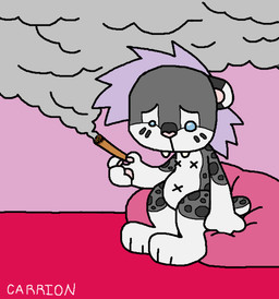 ambiguous_gender anthro bean_bag chibi drugs emotional marijuana sitting smoking solo saberbutt hope_the_sabertooth(carrion) felid mammal prehistoric_species saber-toothed_tiger
