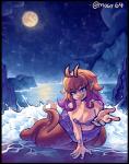 5_fingers big_breasts blue_eyes breasts cleavage clothed clothing cloud collarbone female fingers gesture hair humanoid_pointy_ears looking_at_viewer moon multicolored_hair navel night orange_hair pointy_ears purple_hair smile solo teeth tentacles tongue two_tone_hair water mogy64 humanoid siren hi_res