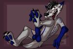 anthro balls between_toes biped claws feet genitals hair hindpaw holding_feet male pawpads paws penis sharp_teeth smile solo teeth toes tongue tongue_out fatalsyndrome nik_(darkfawks) canid canine canis coyote fox hybrid mammal 2013