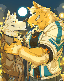 5_fingers anthro belt black_clothing black_shirt black_topwear brown_clothing brown_jacket brown_topwear clothing duo fangs fingers fur grey_eyes jacket lights male midriff moon muscular muscular_anthro muscular_male night sabertooth_(anatomy) shirt smile teeth topwear white_body white_clothing white_fur white_jacket white_topwear yellow_body yellow_eyes yellow_fur kuulongarl seidou_daiga_(kuulongarl) canid canine canis mammal wolf