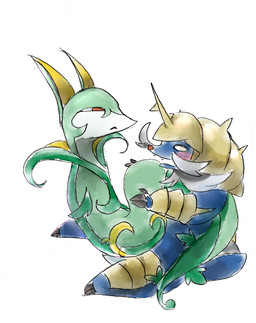 ambiguous_gender blue_body blush duo feral green_body mintanncomics nintendo pokemon generation_5_pokemon pokemon_(species) reptile samurott scalie serperior snake 2015 hi_res