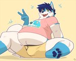 5_fingers anthro belly blush blush_lines bulge clothing facial_markings fingers fur gesture gloves_(marking) green_eyes hair hand_gesture head_markings looking_at_viewer male markings multicolored_body multicolored_fur overweight partially_covered_belly simple_background sitting sitting_on_ground solo spread_legs spreading tail underwear yuniwolfsky wintie canid canine canis mammal wolf hi_res