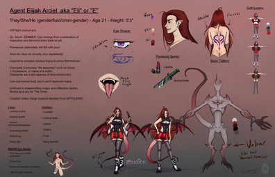 ambiguous_gender back_tattoo blood bodily_fluids breasts clothed clothing fangs female freckled_face freckled_shoulders freckles genitals hair information_section long_tail male membrane_(anatomy) membranous_wings penis purple_eyes red_hair solo spade_tail tail tattoo teeth text tongue tongue_out wings fanimal_creations the_weight_of_scales eli_(the_weight_of_scales) demon humanoid succubus vampire english_text model_sheet