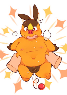anthro anthrofied belly bodily_fluids bulge clothing duo kemono male moobs navel orange_body overweight overweight_male solo_focus sweat underwear porkflo55 nintendo pokemon generation_5_pokemon pokemon_(species) tepig 2026 absurd_res hi_res