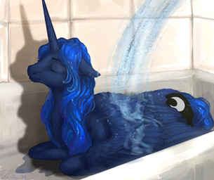 bath bathing blue_body blue_fur blue_hair blue_tail cutie_mark eyebrows eyelashes eyes_closed feathered_wings feathers female feral fur hair horn inside solo tail water wings lusille friendship_is_magic hasbro my_little_pony mythology princess_luna_(mlp) equid equine mammal mythological_creature mythological_equine winged_unicorn 2017 hi_res signature