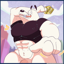 abs anthro badge biceps big_biceps big_breasts big_muscles big_pecs big_penis black_nose blurred_background blush bottomless breasts clothed clothing cloud erection eyebrows fur genitals gesture gradient_background hand_gesture huge_muscles huge_penis humanoid_genitalia humanoid_penis long_ears looking_at_viewer male muscular muscular_anthro muscular_male navel nipples nude open_mouth pecs penis perspective pointing pointing_at_viewer presenting raised_clothing raised_eyebrow raised_shirt raised_tank_top raised_topwear shadow shirt shirt_only simple_background sky smile smiling_at_viewer solo tank_top tank_top_only teeth text thick_thighs tight_clothing topwear topwear_only town underwear white_body white_fur yellow_omen nickelodeon t.u.f.f._puppy dudley_puppy canid canine canis domestic_dog mammal 1:1 2025 colored digital_drawing_(artwork) digital_media_(artwork) english_text full-length_portrait hi_res portrait shaded signature