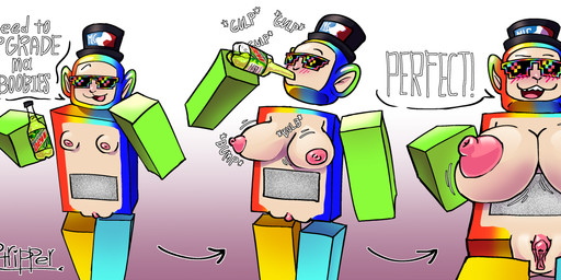 anthro big_breasts blush blush_lines breasts clitoris dialogue female genitals nipples plump_labia potion puffy_nipples solo toony transformation transformation_potion vulva trippertrip mlg roblox teletubbies robloxian teletubby absurd_res hi_res