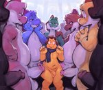 anthro balls belly blep clothing crowded erection foreskin genitals group hat headgear headwear humanoid_genitalia humanoid_penis imminent_sex male male/male penis penis_on_thighs scarf size_difference surrounded tongue tongue_out halo-pano mario_bros nintendo blue_yoshi green_yoshi koopa pink_yoshi red_yoshi scalie yellow_yoshi yoshi hi_res