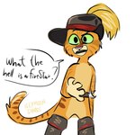 anthro belt boots cheek_tuft clothing confusion dialogue eyebrows facial_tuft footwear fur fuzzy green_eyes hat headgear headwear male markings melee_weapon open_mouth orange_body orange_fur question raised_eyebrow rapier shoes simple_background solo speech_bubble standing striped_body striped_fur striped_markings stripes sword tail text tuft weapon white_background iceymoonshards dreamworks puss_in_boots_(franchise) puss_in_boots_(dreamworks) domestic_cat felid feline felis mammal tabby_cat hi_res male_(lore)
