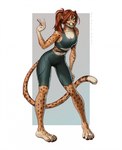 anthro blue_eyes brown_hair brown_spots clothed clothing female front_view hair markings orange_body solo spots spotted_arms spotted_legs spotted_markings spotted_tail standing tail tail_markings text marie_merkh felid mammal artist_name full-length_portrait hi_res portrait