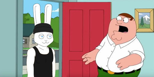 anthro beanie blue_eyes clothing door duo hat headgear headwear inside male male/male obese overweight photo picture_frame plant rabbit_ears self_insert shirt surprised tank_top topwear tree window villegreen family_guy peter_griffin human humanoid lagomorph leporid mammal rabbit