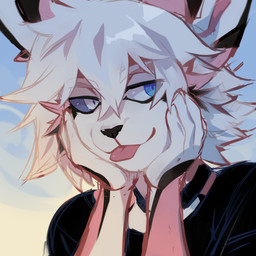 anthro black_body black_choker black_clothing black_fur black_jewelry black_necklace black_topwear blep blue_eyes blue_sclera blue_sky choker clothed clothing eyelashes female front_view fur hair jewelry looking_aside messy_hair necklace outside pink_body pink_fur pink_tongue short_hair sky solo tongue tongue_out topwear unsigned white_body white_eyes white_fur white_hair corzh77 species_request 1:1 absurd_res bust_portrait hi_res icon portrait