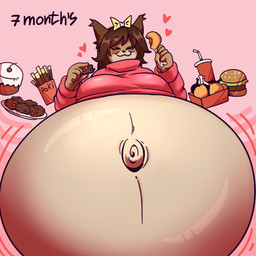 accessory anthro belly big_belly blush blush_lines bow_ribbon brown_body brown_fur brown_hair burger cake chicken_meat clothed clothing container cookie cup dessert disposable_cup eating eating_food eyes_closed female fetal_movement food fur glistening glistening_belly glistening_body glistening_skin hair hair_accessory hair_bow hair_ribbon heart_symbol hearts_around_head huge_belly humanoid_hands hyper hyper_belly hyper_pregnancy meat navel outie_navel pregnant pregnant_anthro pregnant_female raised_clothing raised_sweater raised_topwear ribbons roast_chicken_leg smile solo sweater text topwear jest56 pocky jest_(jest56) domestic_cat felid feline felis mammal 1:1 2025 digital_drawing_(artwork) digital_media_(artwork) english_description english_text hi_res