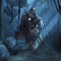 anthro beard body_hair bottomwear chest_fur chest_hair clothing facial_hair forest_background hood loincloth male melee_weapon nipples paws pecs pubes solo sword tail underwear weapon eyepatchedfloof ronin_(innovator_aegis) canid canine canis mammal wolf hi_res