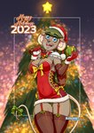 2023 accessory anthro blue_eyes bow_ribbon breasts buckteeth christmas christmas_clothing christmas_dress christmas_headwear christmas_tree cleavage clothed clothing dress female furgonomics gift hat headgear headwear hi_res holding_gift holding_object holding_sack holidays katie_tinson keiron_white looking_at_viewer mammal mouse murid murine open_mouth plant ribbons rodent sack santa_hat short_dress signature smile smiling_at_viewer solo tail tail_accessory tail_bow tail_ribbon teeth text tree underwear wide_eyed