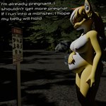 1:1 3d_(artwork) anthro background_eyes blender_cycles breasts canid canine canis danger danger_sign digital_media_(artwork) english_text female forest glowing glowing_eyes hand_on_belly haolde hi_res imminent_rape mammal nipples nude plant pregnant red_eyes sign solo text tree wolf