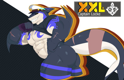 abs anthro barazoku black_sclera butt clothing clothing_pull looking_at_viewer male muscular muscular_male pecs presenting presenting_hindquarters smile smiling_at_viewer solo tail white_body dezoff xxl_woofia captain_locke_(xxl_woofia) aquatic fish shark absurd_res hi_res