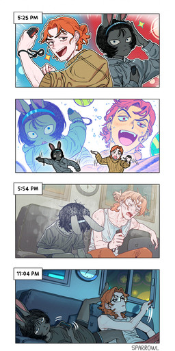 5_fingers analog_clock anthro ball black_bottomwear black_clothing black_eyebrows black_eyes black_hair black_shorts blue_hairband bodily_fluids bottomwear breath brown_clothing brown_sweater brown_topwear clock clothing collarbone curtains day duo exercise exhausted eyebrows eyewear female female_anthro fingers flying_sweatdrops fur furniture gaming glasses grey_body grey_clothing grey_ears grey_fur grey_hoodie grey_shirt grey_t-shirt grey_topwear hair hair_bun half-closed_eyes hoodie humanoid_face humanoid_hands lying male male_human messy_hair narrowed_eyes night on_back on_sofa open_mouth pants pillow pink_inner_ear pink_tongue playing_video_game pupils red_bottomwear red_clothing red_eyes red_pants shirt short_hair shorts sitting sofa standing sweat sweatdrop sweater sweaty_arms sweaty_clothing sweaty_face t-shirt tank_top teeth tennis_ball tired tongue topwear volleyball_(ball) wall_clock white_clothing white_shirt white_tank_top white_topwear window sparrowl nintendo nintendo_switch nyx_(sparrowl) wally_(sparrowl) human lagomorph leporid mammal rabbit 2025 absurd_res comic hi_res