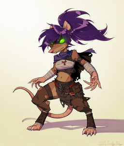 anthro arm_wraps belt bottomwear bottomwear_aside brown_body brown_fur cape chest_wraps clothing clothing_aside crop_top digitigrade female fishnet_clothing fishnet_legwear footwear fur glowing glowing_eyes hair legwear loincloth loincloth_aside purple_hair shirt solo tan_body tan_skin toeless_footwear topwear utility_belt wraps naughtyjester warhammer_(franchise) mammal rodent skaven absurd_res hi_res