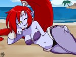 beach belly_dancer breasts choker clothing ear_piercing ear_ring female hair humanoid_pointy_ears jewelry looking_at_viewer lying medium_breasts midriff necklace not_furry on_side one_eye_closed piercing pointy_ears ponytail red_hair ring_piercing seaside smile solo translucent translucent_clothing wink deathzera shantae_(series) wayforward nega_shantae genie humanoid hi_res