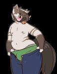 belly blush briefs brown_hair bulge clothing cookie exclamation_point food hair hands_on_hips male navel nipples simple_background slightly_chubby solo standing underwear psydoux zeeb_(psydoux) equid equine mammal zebra absurd_res alpha_channel hi_res