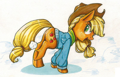 blonde_hair butt clothed clothed_feral clothing cowboy_hat cutie_mark female feral green_eyes hair hat headgear headwear hooves jacket open_mouth open_smile orange_body quadruped smile snow snowball solo tail topwear underhoof yellow_tail theorderofalisikus friendship_is_magic hasbro my_little_pony applejack_(mlp) earth_pony equid equine horse mammal pony 2015 full-length_portrait portrait traditional_media_(artwork)