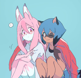 anthro blue_body blue_eyes blue_fur blue_hair blush bottomwear brown_body brown_fur clothed clothing duo exclamation_point facial_markings female fluffy fluffy_tail fur gloves_(marking) hair head_markings jacket long_hair markings mask_(marking) multicolored_body multicolored_fur multicolored_hair pink_body pink_fur pink_hair shirt shorts simple_background smile tail tank_top topwear white_body white_fur h0y0n brand_new_animal studio_trigger michiru_kagemori nazuna_hiwatashi canid canine fox mammal raccoon_dog tanuki 2020