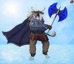 anthro armor axe barefoot beard belt belt_buckle blonde_hair blue_sky bottomwear bovid bovine brown_bottomwear brown_clothing brown_pants cape clothing cloud countershade_face countershading double_bitted_axe enchanted_weapon eye_scar facial_hair facial_scar feet fur gauntlets gloves greataxe grey_body grey_fur hair handwear hi_res holding_axe holding_object holding_shield holding_weapon hooves horn horn_jewelry horn_ring inner_ear_fluff jewelry kite_shield light long_hair loredump_in_description male mammal mature_male metal_shield orange_eyes pants partially_submerged red_clothing ring_(jewelry) scar shield shoulder_pads sky skyscape smile solo story story_in_description stylish_apollo submerged_feet sun sunlight tail true_buffalo tuft water water_buffalo weapon wheat wheat_in_mouth xander_dorwin