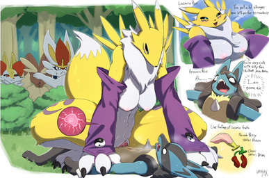 3_fingers 3_toes ambiguous_gender animal_genitalia animal_penis anthro anthro_on_anthro anthro_on_bottom anthro_on_top armwear athletic athletic_anthro athletic_female being_watched big_breasts black_body black_fur black_sclera blue_body blue_eyes blue_fur bodily_fluids breasts bridal_gauntlets brown_body brown_fur cheek_markings chest_spike clothing covering covering_eyes covering_face cum cum_in_vagina cum_inside death_by_snu_snu dipstick_ears dipstick_tail dominant dominant_anthro dominant_female ear_markings facial_markings fangs feet female female_on_top fingers forest forest_sex fur genital_fluids genitals gloves_(marking) group head_markings humanoid_genitalia humanoid_vulva impregnation interspecies interspecies_impregnation knot knotted_penis larger_anthro larger_female leg_markings looking_at_another male markings mostly_nude multicolored_body multicolored_ears multicolored_fur narrowed_eyes navel neck_tuft on_top orange_body orange_fur outside ovum penetration penile penile_penetration penis penis_in_vagina pinned pinned_to_ground plant purple_body purple_fur red_body red_eyes red_fur sex size_difference slim_female smaller_anthro smaller_male socks_(marking) sperm_cell spikes spikes_(anatomy) submissive submissive_anthro submissive_male tail tail_markings tan_body tan_fur teeth text thick_thighs thigh_markings toes tree tuft vaginal vaginal_penetration vulva white_body white_fur yellow_body yellow_fur darakafox bandai_namco digimon nintendo pokemon braixen cinderace digimon_(species) generation_4_pokemon generation_6_pokemon generation_8_pokemon lopunny lucario pokemon_(species) renamon 2026 digital_drawing_(artwork) digital_media_(artwork) english_text hi_res