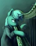 clothing female feral harp hoodie horn musical_instrument plucked_string_instrument simple_background solo string_instrument topwear 28gooddays badday28 friendship_is_magic hasbro my_little_pony mythology lyra_heartstrings_(mlp) equid equine mammal mythological_creature mythological_equine unicorn 2016 cool_colors hi_res teal_theme