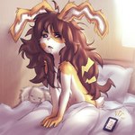 anthro bed bed_hair female freckles furniture hair long_hair solo elronya fan_character ronya suvi_(elronya) lagomorph leporid mammal rabbit 1:1