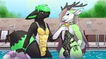 anthro antlers balls_outline black_body black_fur bulge clothed clothing collar costume crossdressing detailed_bulge duo femboy fur genital_outline green_body green_fur green_hair grey_hair hair horn in_pool male male/male one-piece_swimsuit open_mouth outside pool sheath_outline smile smiles swimming swimwear tail water marvelous_managerie jay_fluffypaws mintybutt_galaxy_wizard canid canine fox hybrid mammal 16:9 4k absurd_res digital_media_(artwork) hi_res widescreen