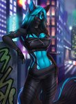 anthro black_body black_fur black_nose blue_body blue_fur blue_hair city clothed clothing collar detailed_background eyebrows eyelashes female fur hair midriff navel night outside solo standing tail elvofirida kamuii_(lyreska) domestic_cat felid feline felis mammal 2020 digital_media_(artwork)