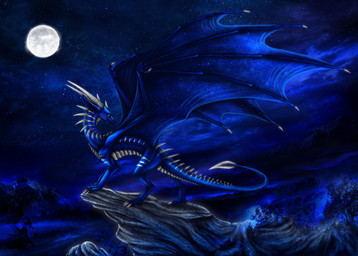 ambiguous_gender blue_body blue_scales claws cosmic_wings detailed_background feral horn membrane_(anatomy) membranous_wings moon night nude outside pale_eyes plant rock scales sky solo spines standing star starry_sky tail text tree wings selianth mythology firnen_mondschuppe dragon mythological_creature mythological_scalie scalie english_text