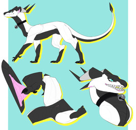 animal_genitalia anus bell bell_collar belly black_belly blue_eyes bodily_fluids butt claws collar ears_back ears_up facial_markings female female_feral feral finger_claws genital_slit genitals head_markings horn horn_jewelry horn_ring jewelry leg_markings markings mask_(marking) pivoted_ears presenting presenting_hindquarters ring_(jewelry) snarling socks_(marking) solo spade_tail tail teeth toe_claws vulva white_body ore4 mythology aurumesia_(character) dragon mythological_creature mythological_scalie scalie wingless_dragon absurd_res hi_res model_sheet