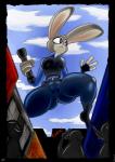 anthro breasts butt camel_toe city clothed clothing female group low-angle_view male micro silhouette skimpy solo_focus thicc-thighs thick_thighs uniform worm's-eye_view saliant disney zootopia judy_hopps lagomorph leporid mammal rabbit 2016 absurd_res digital_media_(artwork) hi_res