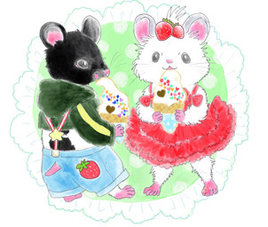 accessory alternative_fashion ambiguous_gender anthro black_body black_eyes black_fur bottomwear bow_accessory clothed clothing dress duo eating female feral food frilly fruit fur hoodie plant ribbons semi-anthro shorts simple_background skirt strawberry topwear whiskers white_body white_fur kyokyota cricetid hamster mammal rodent 2019 absurd_res hi_res