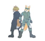 accessory anthro blonde_hair boots clothing coat footwear fur gloves hair handwear headband knee_pads male orange_body orange_fur shoes sneaking_suit stealth_suit topwear trenchcoat vest white_body white_fur kokoro-tokoro konami metal_gear nintendo star_fox fox_mccloud liquid_snake solid_snake canid canine fox mammal crossover hi_res sibling_(lore) twins_(lore)