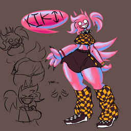 4_arms alternative_fashion anthro black_bottomwear black_clothing black_collar black_skirt blue_body blue_fur bottomwear clothing collar cute_fangs dialogue ellipsis fangs female fur hair multi_arm multi_limb multiple_poses no_pupils pink_body pink_fur pink_hair pose scene_(fashion) shirt skirt smile solo speech_bubble spiked_collar spikes teeth text thick_thighs topwear white_eyes wide_hips yellow_clothing yellow_shirt yellow_topwear snazlazzle kiki_(snazlazzle) canid canine mammal 1:1 2026 english_text hi_res nonbinary_(lore)