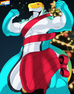 animated_gif anthro barazoku bulge detailed_bulge erection flexing genitals gift holidays male muscular muscular_male pecs penis pumping solo throbbing throbbing_bulge throbbing_penis wrapped j450n2080 christmas argentum_(j450n2080) collared_lizard lizard reptile scalie animated hi_res short_playtime