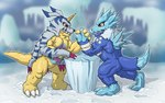 animal_skin anthro arm_wrestling biceps blue_body claws duo horn ice male muscular muscular_anthro muscular_male pecs yellow_body masterxvmon bandai_namco digimon blucomon digimon_(species) gabumon hi_res