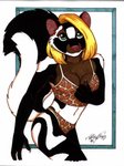 animal_print anthro blonde_hair breasts butt clothed clothing female fluffy fluffy_tail fur hair looking_at_viewer panties pose skimpy solo tail underwear terrie_smith mammal mephitid skunk spotted_skunk 2003 absurd_res hi_res pinup signature traditional_media_(artwork)