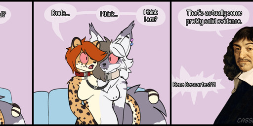 2_heads 3_panel_comic anthro black_border border breast_piercing breasts collar collar_only collar_to_collar conjoined connected_collars dialogue duo ear_piercing featureless_breasts female fur furniture grey_body grey_fur hallucination multi_head nude piercing red_eyes simple_background sofa substance_intoxication talking_to_another text yellow_body yellow_fur cassettewaves rene_descartes canid canine canis cheetah felid feline mammal wolf absurd_res english_text hi_res