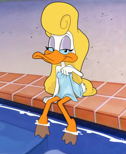 3_toes 4_fingers adolescent anthro arm_support beak beak_closed biped blonde_hair blue_eyes blue_sclera blue_towel breasts brick eyebrows eyelashes feathers feet female female_anthro fingers hair half-closed_eyes long_hair looking_at_viewer membrane_(anatomy) mouth_closed narrowed_eyes non-mammal_breasts orange_beak orange_feet orange_legs orange_scutes partially_submerged poolside pupils scuted_legs scutes sitting small_breasts solo swimming_pool tail tail_feathers toes towel water wearing_towel webbed_feet white_body white_feathers young young_anthro young_female mopgoblin tiny_toon_adventures warner_brothers shirley_the_loon anatid anseriform avian bird duck 2026 hi_res