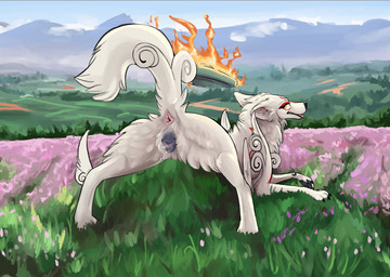 animal_genitalia animal_vulva anus bedroom_eyes bodily_fluids butt canine_genitalia canine_vulva detailed_background dripping_vulva female feral fur genitals inviting leaking_vagina looking_at_viewer looking_back narrowed_eyes presenting presenting_hindquarters presenting_vulva raised_tail seductive solo spread_legs spreading tail tail_anus tongue tongue_out vulva white_body white_fur queenkoko capcom okami_(capcom) amaterasu_(okami) canid canine canis mammal wolf absurd_res hi_res