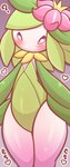 anthro digital_media_(artwork) eyelashes female flower generation_8_pokemon heart_symbol hi_res hisuian_form hisuian_lilligant japanese_text nintendo pink_background pink_sclera plant pokemon pokemon_(species) portrait question_mark regional_form_(pokemon) simple_background solo text thick_thighs three-quarter_portrait urumin3939 wide_hips