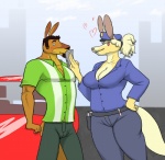 anthro bottomwear breasts broad_shoulders car clothed clothing curvy_figure duo eye_contact female fully_clothed heart_symbol looking_at_another male outside pants police shirt sky slightly_chubby tail thick_tail topwear vehicle wide_waist ritts frank_westerveldt kangaroo macropod mammal marsupial