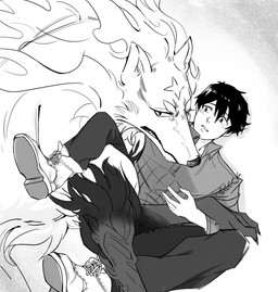 domestic_pet duo feral male master size_difference white33758768 campfire_cooking_in_another_world_with_my_absurd_skill fel_(campfire_cooking) mukoda_tsuyoshi canid canine canis human mammal wolf hi_res monochrome