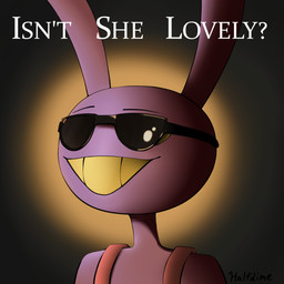 anthro clothing eyebrows eyewear overalls purple_body smile solo spoiler stevie_wonder sunglasses sunglasses_on_face teeth text wearing_sunglasses half_dime glitch_productions the_amazing_digital_circus jax_(tadc) lagomorph leporid mammal rabbit absurd_res album_cover cover hi_res